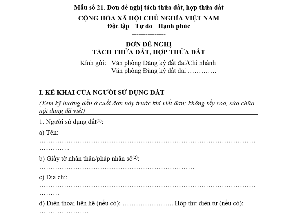 Đơn đề nghị tách thửa, hợp thửa (Mẫu số 21 phụ lục nghị định 151/2025)